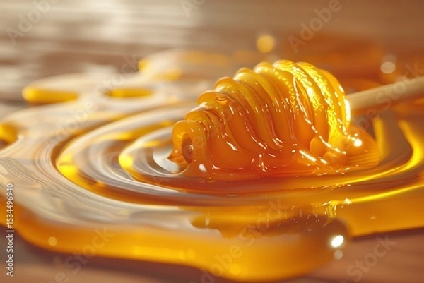 Obraz Close-up of golden honey dripping from a wooden dipper, creating a sweet, glossy texture on a wooden surface.