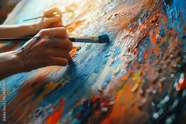 Fototapeta Close-up of hands creating vibrant art on canvas with colorful paint, showcasing artistic expression and creativity.
