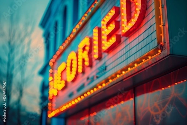 Obraz Close-up view of a vintage cinema sign illuminated with bright neon lights in a charming evening setting.
