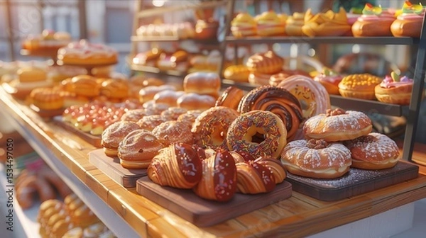 Obraz Colorful display of assorted pastries and donuts arranged on wooden boards in a bakery.
