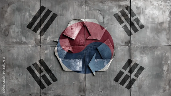 Fototapeta South Korean flag with a recycling symbol prominently displayed in the center. The flag appears weathered, emphasizing themes of sustainability. Eco, care for nature concept.