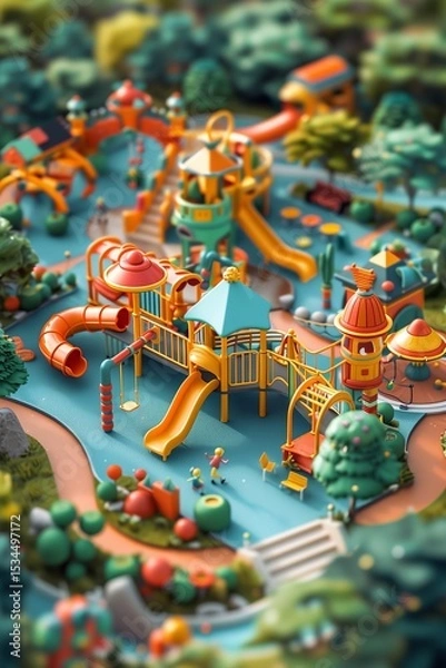 Obraz Colorful playground filled with slides, climbing structures, and children playing in a vibrant outdoor environment.
