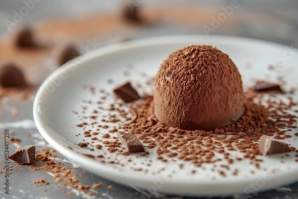 Obraz Decadent chocolate dessert on a plate, surrounded by cocoa powder and chocolate pieces, perfect for any sweet tooth.