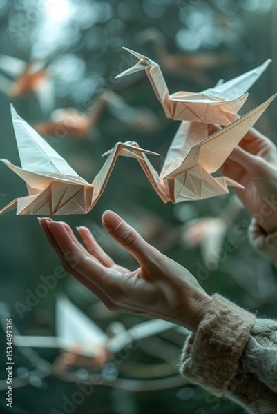 Obraz Delicate origami cranes are carefully held in hands, symbolizing peace and creativity in a dreamy setting.