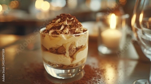Obraz Delicious dessert in a glass, featuring layers of cream and chocolate, perfect for sweet indulgence.