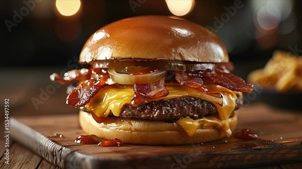 Obraz Delicious gourmet burger with melted cheese, crispy bacon, pickles, served on a toasted bun with fries.