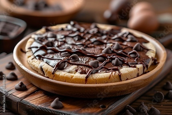 Obraz Deliciously decadent chocolate chip cookie pie topped with rich chocolate drizzle in a rustic wooden setting.