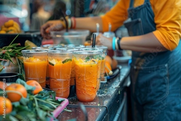 Obraz Freshly made citrus juices in vibrant cups, perfect for a refreshing summer drink experience.