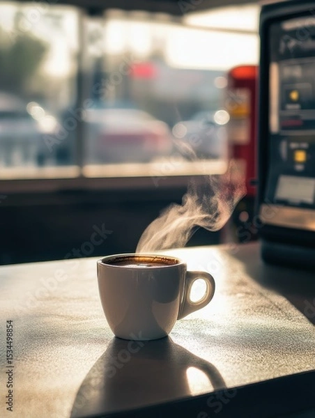Obraz Steaming black coffee on gas station counter with morning sunlight.