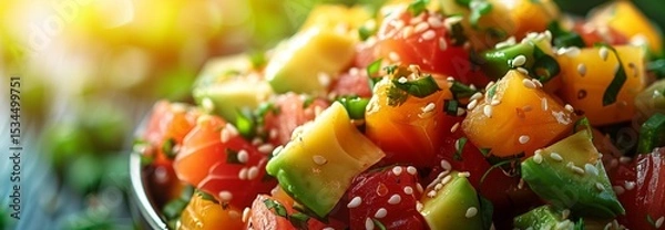 Obraz Vibrant fruit salad featuring colorful diced fruits mixed with herbs and a sprinkle of sesame seeds.