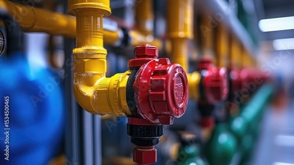 Obraz A close up view of yellow and red pipes with valves in an industrial setting with blue and green tanks