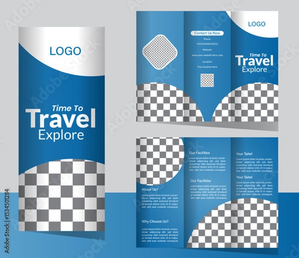 Obraz Travel Trifold Brochure Design Template – Professional Tour and Holiday Package Layout for Travel Agencies and Destinations.
