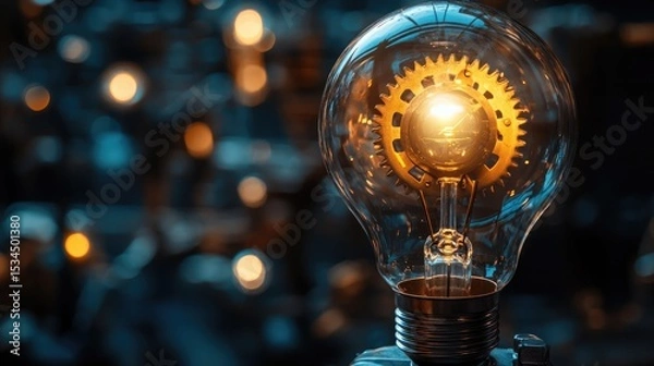 Obraz A close up of a lightbulb with a gear inside against a blurred background of bokeh lights