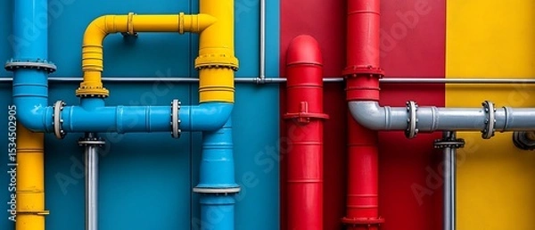 Fototapeta interconnected group of pipes in a plumbing system, highlighting the engineering and construction aspects that contribute to efficient flow and maintenance