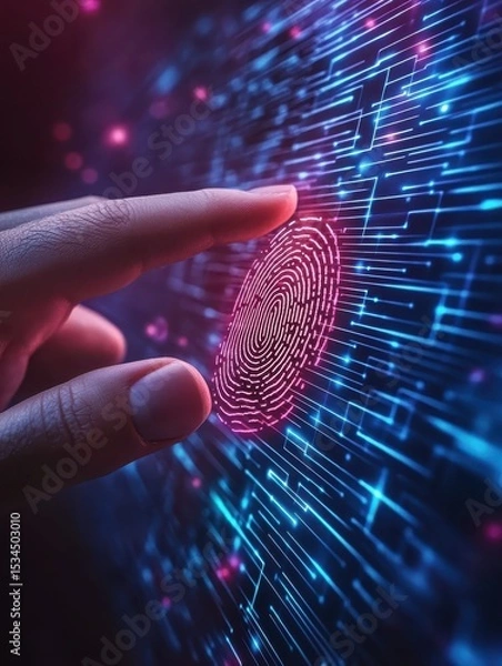 Fototapeta Biometric security concept, fingerprint scanner technology. Hand touching digital screen, ai, cyber protection, authentication, secure access. Innovation identity defense, data privacy.