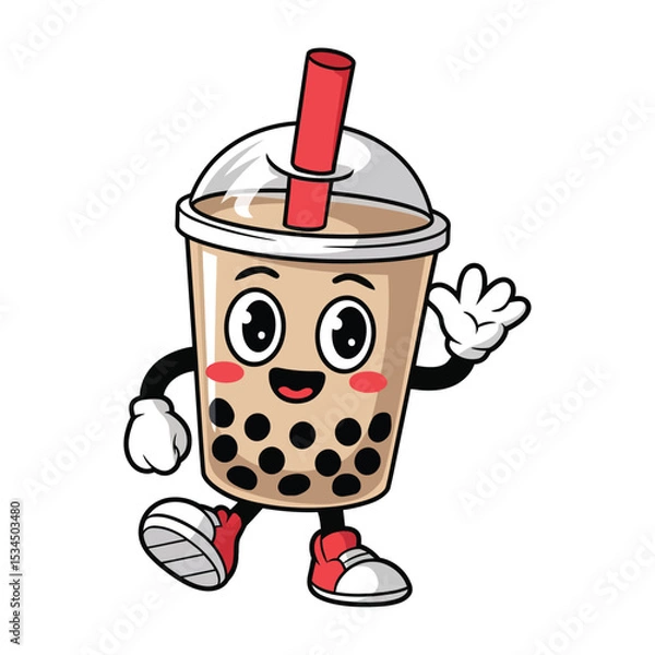 Obraz A happy bubble tea cup character with arms and legs, wearing red sneakers and white gloves. The cup is filled with light brown milk tea and black tapioca pearls
