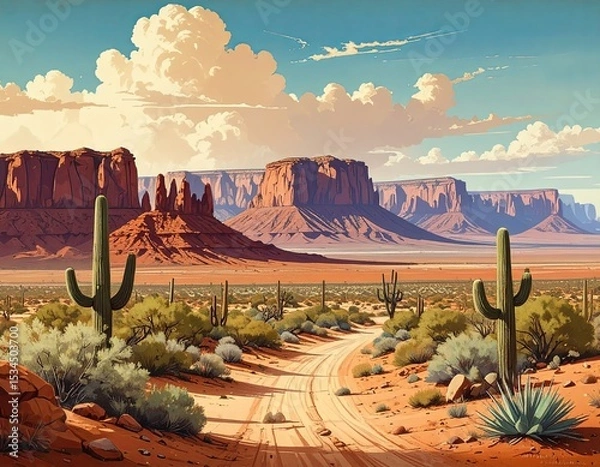 Fototapeta desert landscape with cacti and a winding dirt road. The sky is filled with dramatic clouds, suggesting a vast, open environment.