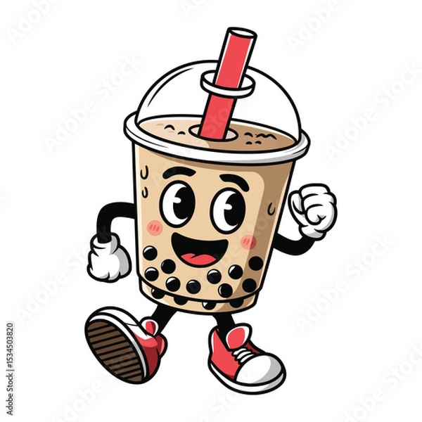 Obraz A happy bubble tea cup character with arms and legs, wearing red sneakers and white gloves. The cup is filled with light brown milk tea and black tapioca pearls