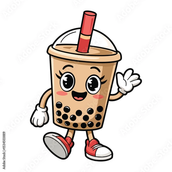 Obraz A happy bubble tea cup character with arms and legs, wearing red sneakers and white gloves. The cup is filled with light brown milk tea and black tapioca pearls