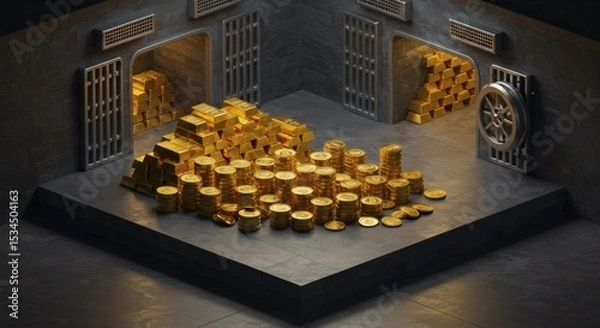Obraz Isometric Illustration of a Vault Overflowing with Gold and Coins