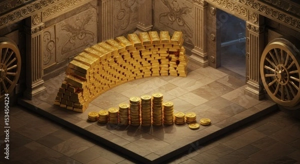 Obraz Ancient Treasury Gold Coin & Bar Wealth Accumulation Illustration