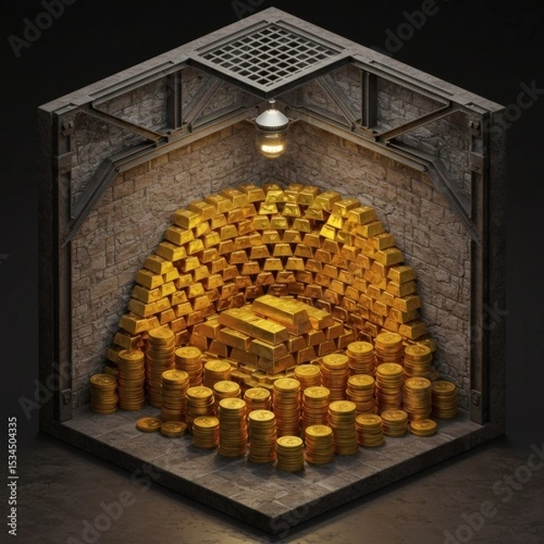 Obraz Isometric 3D Render of a Treasure Room Filled with Gold Bars and Coins