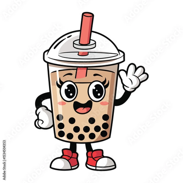Obraz A happy bubble tea cup character with arms and legs, wearing red sneakers and white gloves. The cup is filled with light brown milk tea and black tapioca pearls