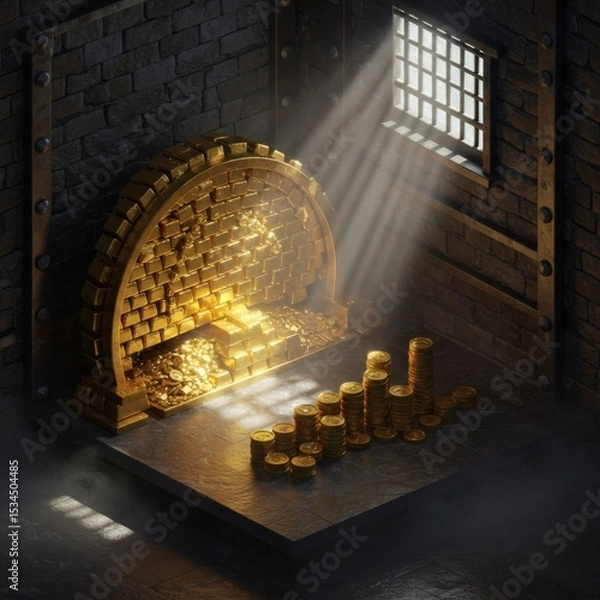 Obraz Illuminated Gold Treasure A 3D Render of a Vaulted Coin
