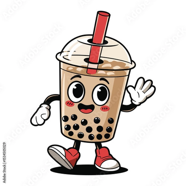 Obraz A happy bubble tea cup character with arms and legs, wearing red sneakers and white gloves. The cup is filled with light brown milk tea and black tapioca pearls