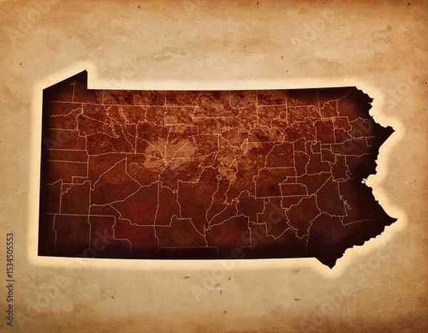 Fototapeta silhouette of the state of Pennsylvania map against a textured, aged background. The state shape is filled in a dark brown color.
