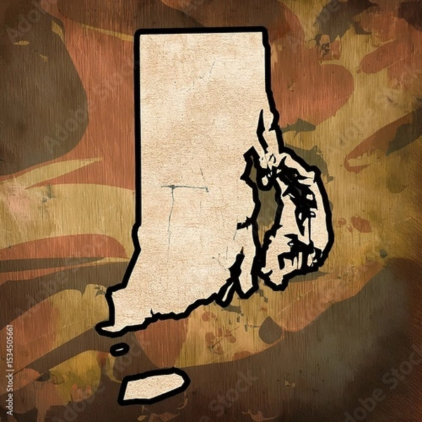 Fototapeta silhouette of the state of Rhode Island map against a textured, aged background. The state shape is filled in white, providing a stark contrast to the background.