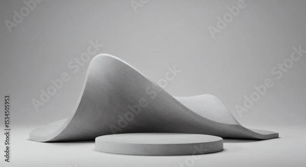 Obraz Abstract Gray Wave Sculpture on Circular Platform Minimalist 3D Render