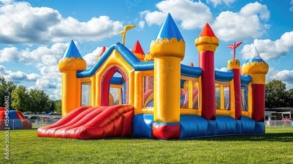 Obraz A colorful inflatable bounce house castle with a slide on a grassy field under a cloudy blue sky