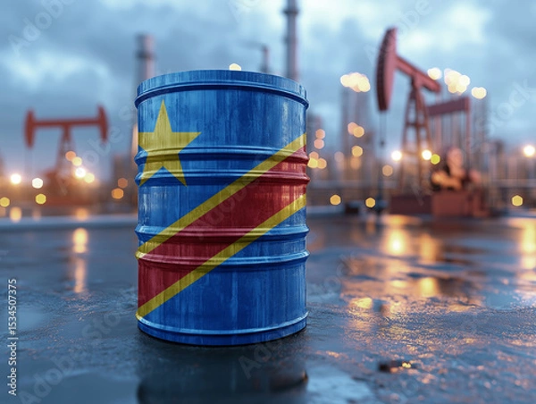 Fototapeta oil barrel with a democratic republic of the congo, drc, set against an industrial backdrop. The scene suggests themes related to oil production and energy.