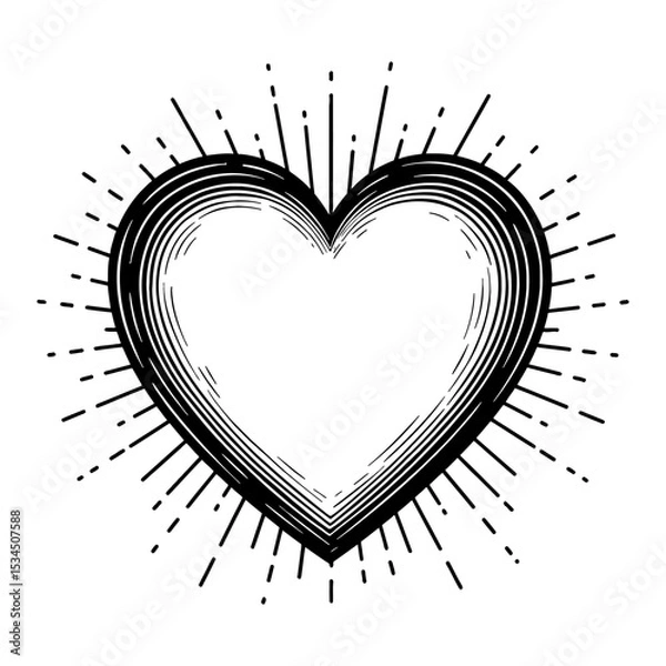 Fototapeta Vintage Retro Love Heart Shape Symbol with Radiating Sunburst Rays Black and White Outline Line Art Drawing