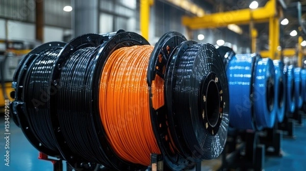 Obraz A close up view of large spools of colorful wires in a factory setting with blurred background