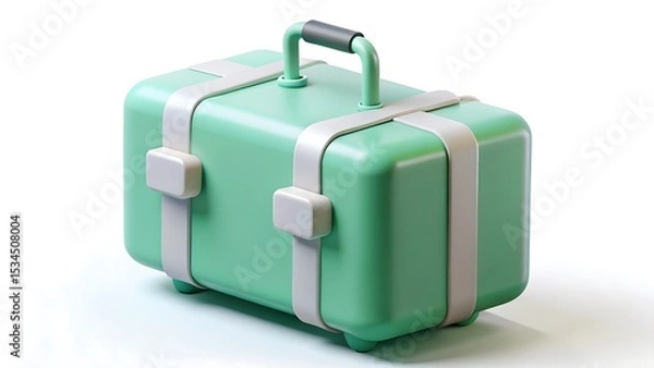 Fototapeta Modern 3d rendered green suitcase with white straps and handle on a clean white background for travel and vacation concepts