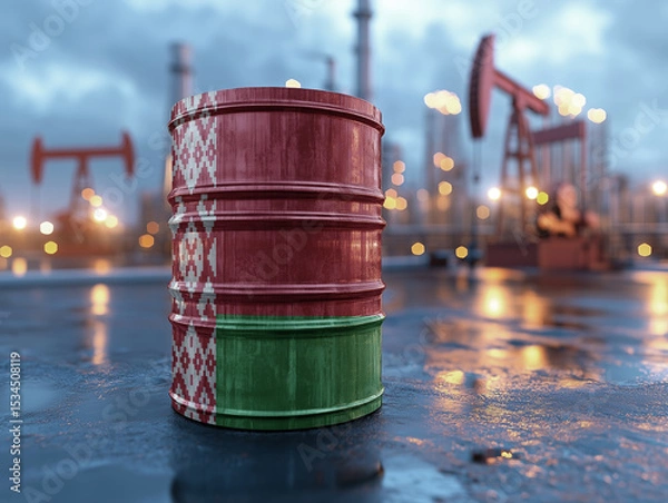 Fototapeta oil barrel painted with the colors and pattern of a national Belarus flag. The industrial setting emphasizes themes of oil export and national industry.