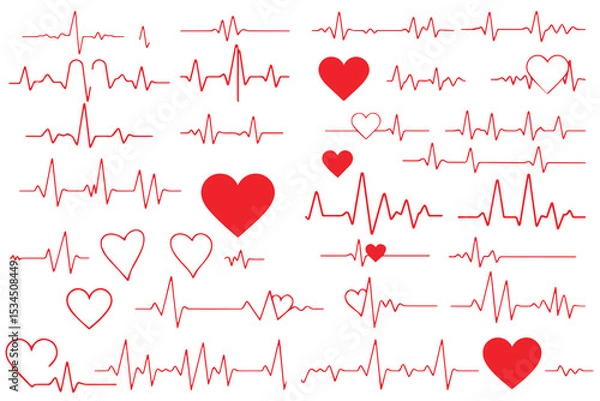 Fototapeta Red heartbeat line collection with heart symbol, cardiology, medical pulse, ECG, EKG design, healthcare clipart vector illustration, health monitoring, digital heartbeat graphics