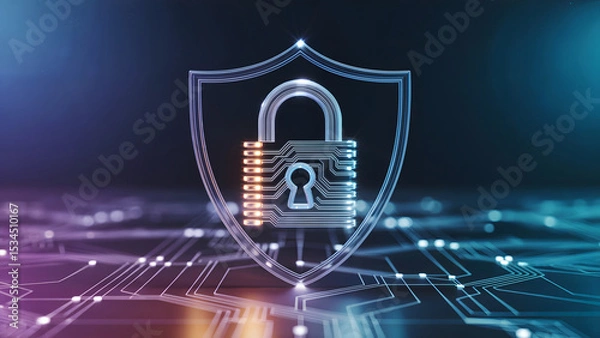 Obraz Cybersecurity and digital security concepts represented by a glowing shield and lock