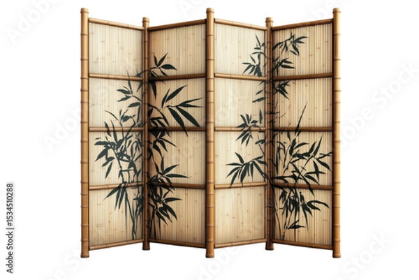 Fototapeta An elegant bamboo screen evoking tranquility with stylized black bamboo leaves hand painted on on transparent background