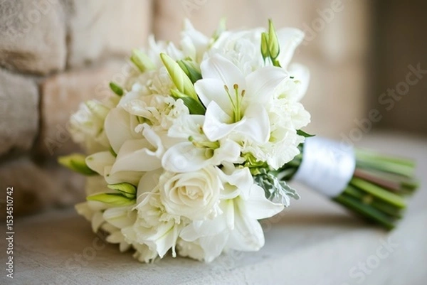Obraz Wedding bouquet of the bride of white roses, lilies and freesia