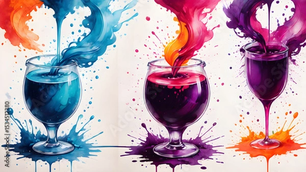 Fototapeta Artistic watercolor pouring into wine glasses creating vibrant colorful drinks splashes