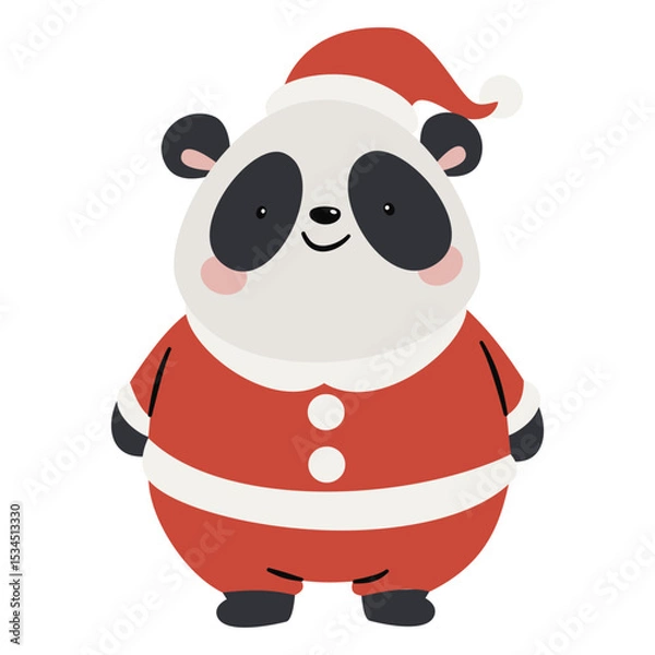 Obraz Cute panda in santa claus costume. Flat vector illustration on white background in simple child style. Vector illustration