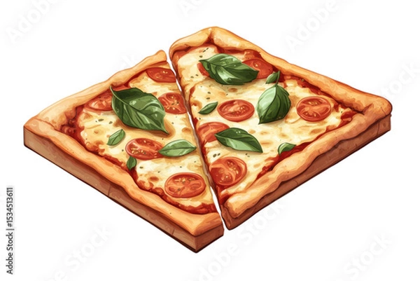 Fototapeta Sharing a cheesy square pizza topped with fresh basil and sliced tomatoes for a cozy night on transparent background