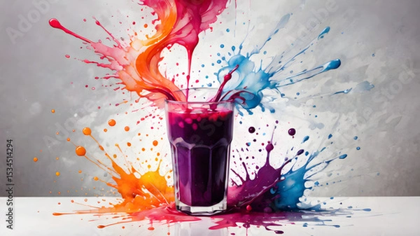Fototapeta Colorful watercolor splash around a glass of purple juice in a creative design.