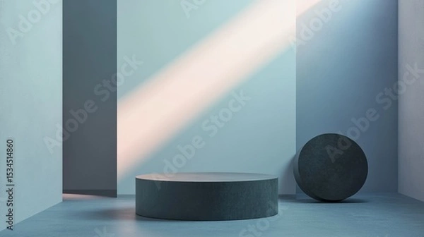 Obraz Minimalist gray podium with a blue background, soft light and shadow creating depth