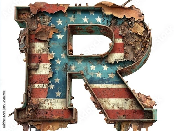 Fototapeta large, rustic letter "R" adorned with the pattern of the American flag. The distressed texture gives it a vintage, patriotic feel.