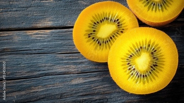 Obraz Close up of golden kiwi slices on a dark wooden surface with natural lighting and shallow depth of field