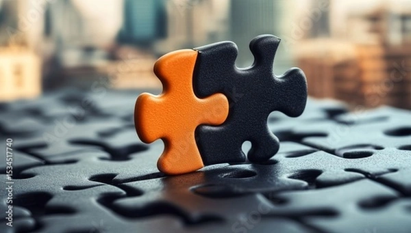 Fototapeta A black and orange puzzle piece fitting into the right spot on top of three other pieces, symbolizing connection or harmony with a blurred cityscape background.